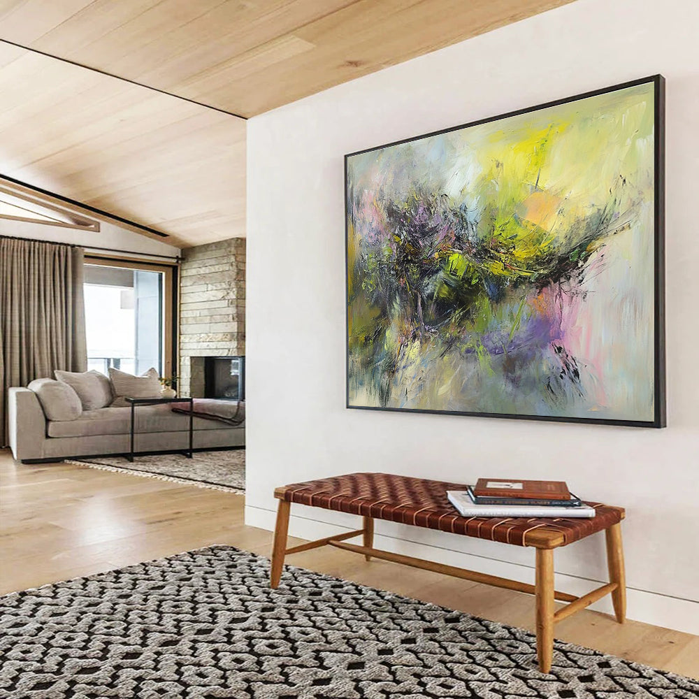 Large abstract painting of a battlefield with thick brush strokes in muted greens yellows pinks and purples depicting movement and chaos.SC305