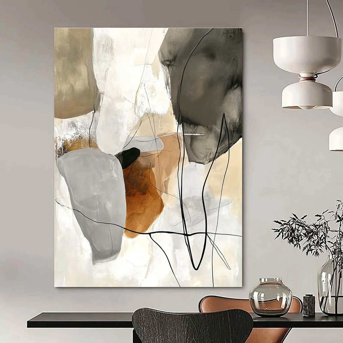 Large abstract painting featuring soft lines and shapes in beige tones with collage elements of black wires and organic textures in dark brown and light gray.STSC798
