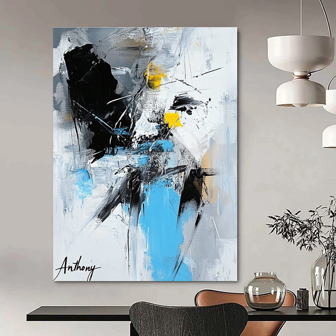 Large abstract painting featuring the name Anthony in vibrant colors with dynamic shapes and bold black brush strokes.STSC1275