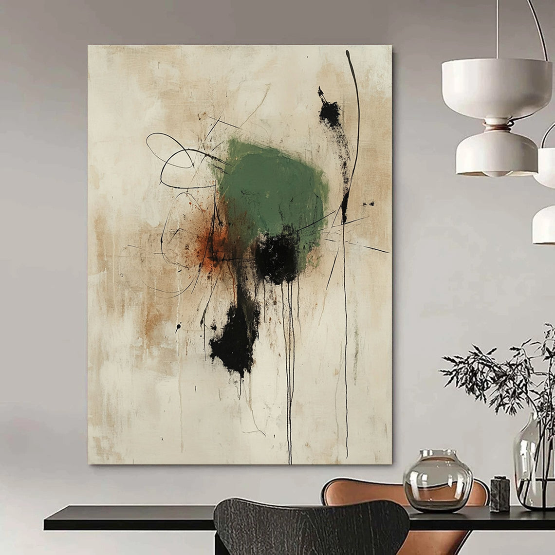 Large abstract painting featuring thick green shape with black accents and rust lines on an off-white background creating rich texture and depth.STSC1186