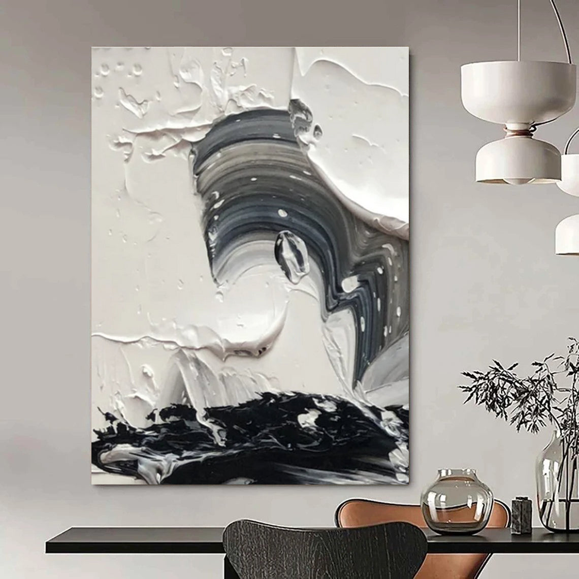 Monochrome Impasto Swirl Abstract Painting with Fluid Textures ADGE444