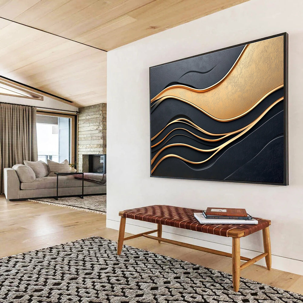 Black and Gold Waves Abstract Painting with 3D Effect DYP166