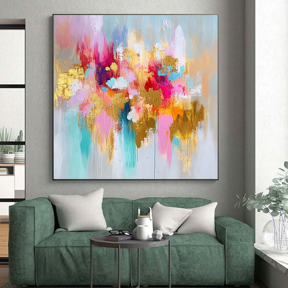 Pink Gold and Blue Abstract Painting with Floral Inspirations GER675