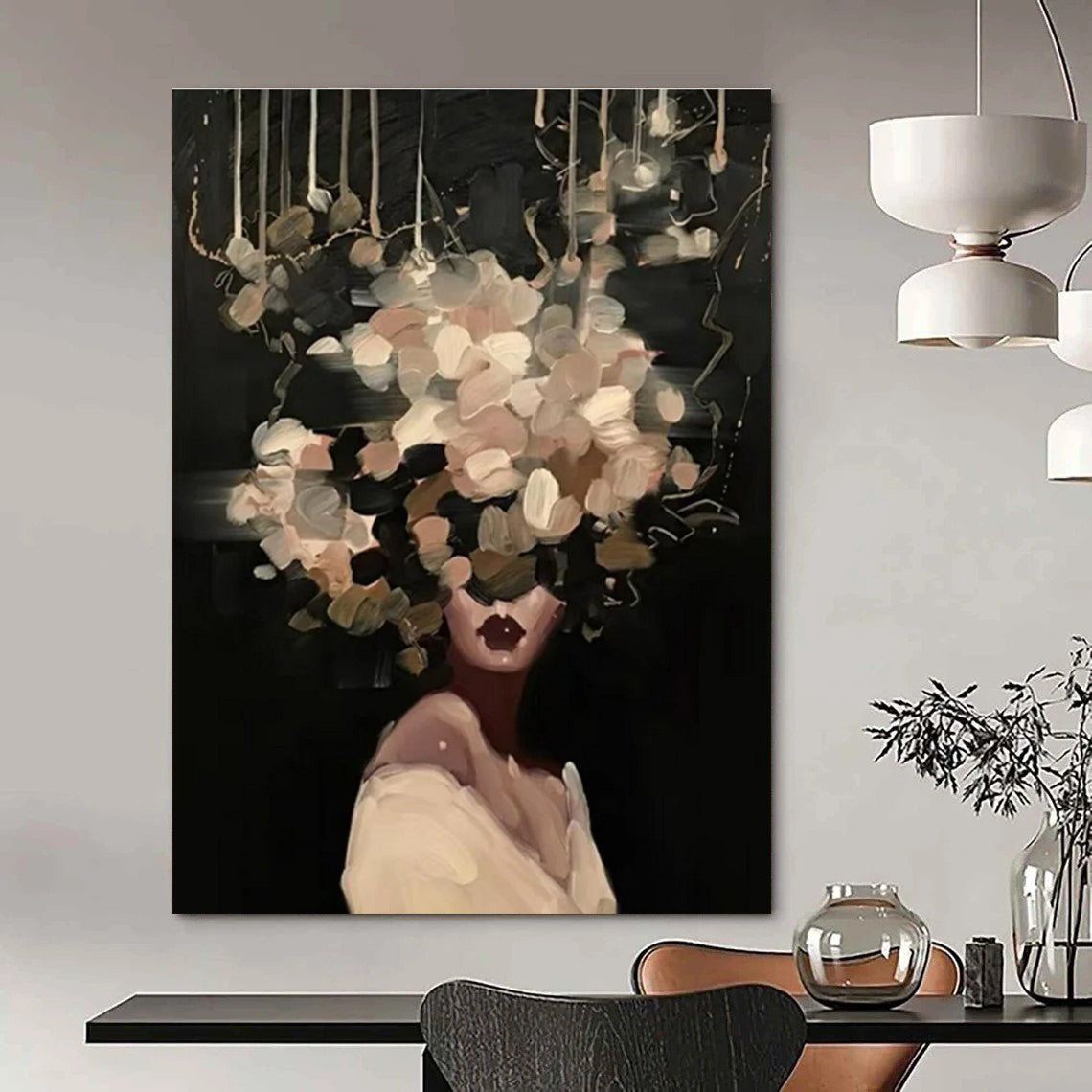 Blush Flower Head Woman Abstract Painting on Dark Background ADGE326