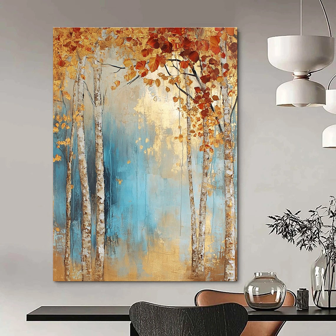 Large abstract painting of birch trees in autumn leaves with light blue and gold tones on a textured canvas.STSC301