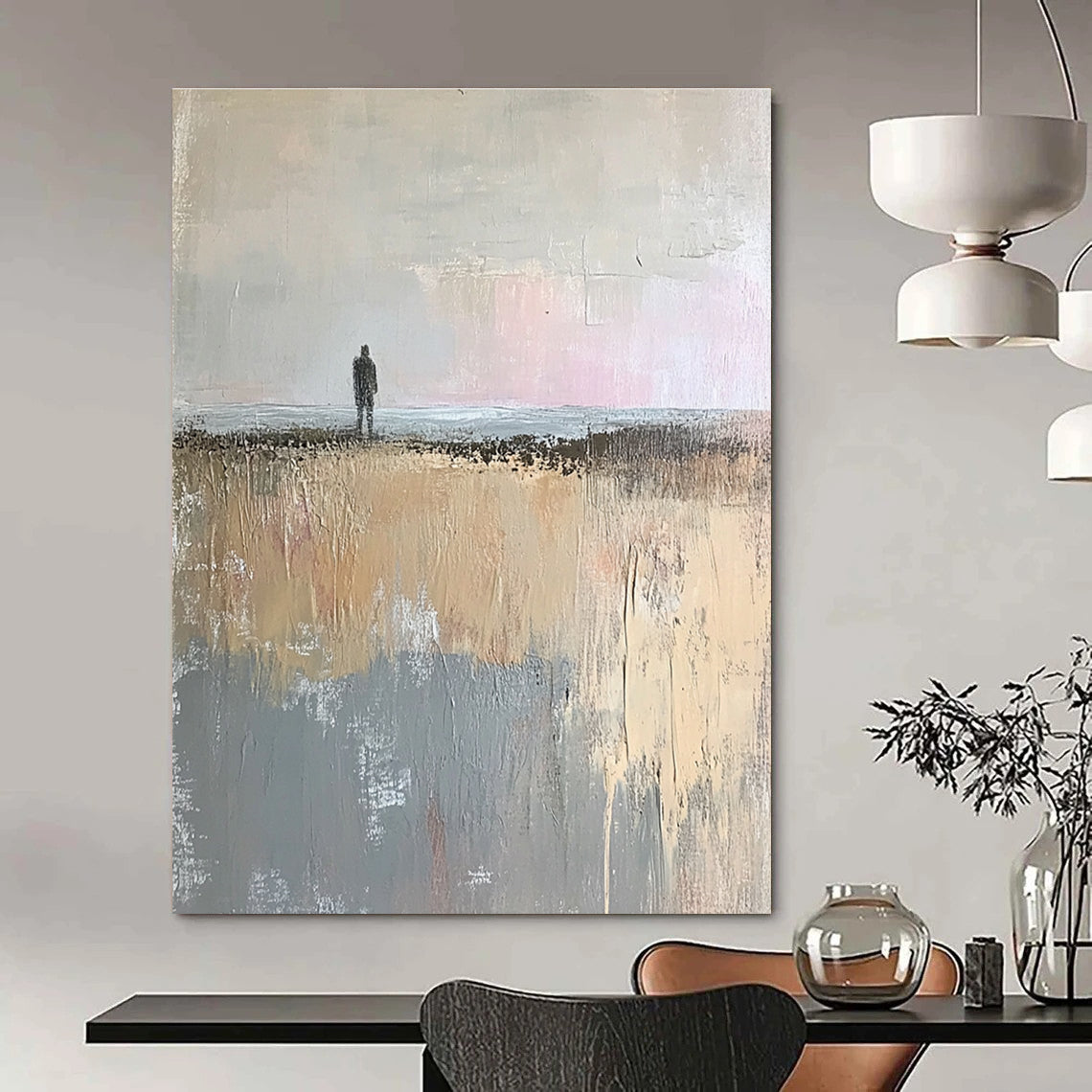 Large abstract painting in muted beige and gray tones showcasing a tranquil open field and distant sea horizon with soft brushstrokes.STSC101