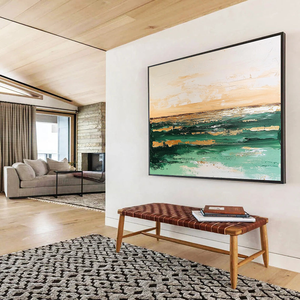 Large abstract painting with green and beige tones depicting a tranquil sea and soft sky against a muted white background, creating an elegant vintage feel.SC080