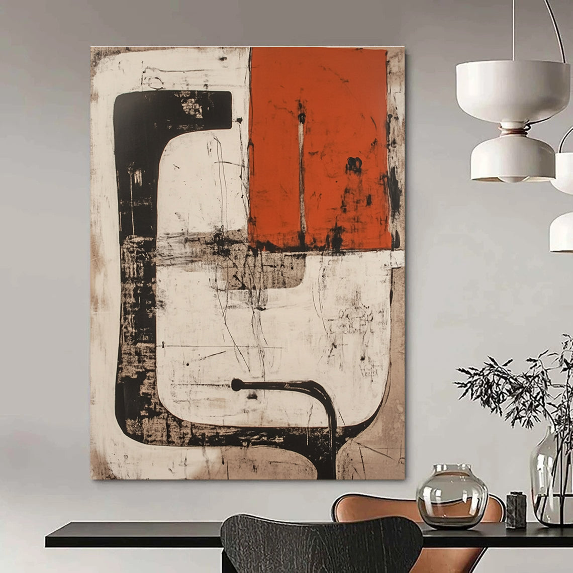 Abstract artwork in white and red featuring collage shapes lines black pipes and an orange rectangle with a silhouette on a light brown ink wash background.STSC845