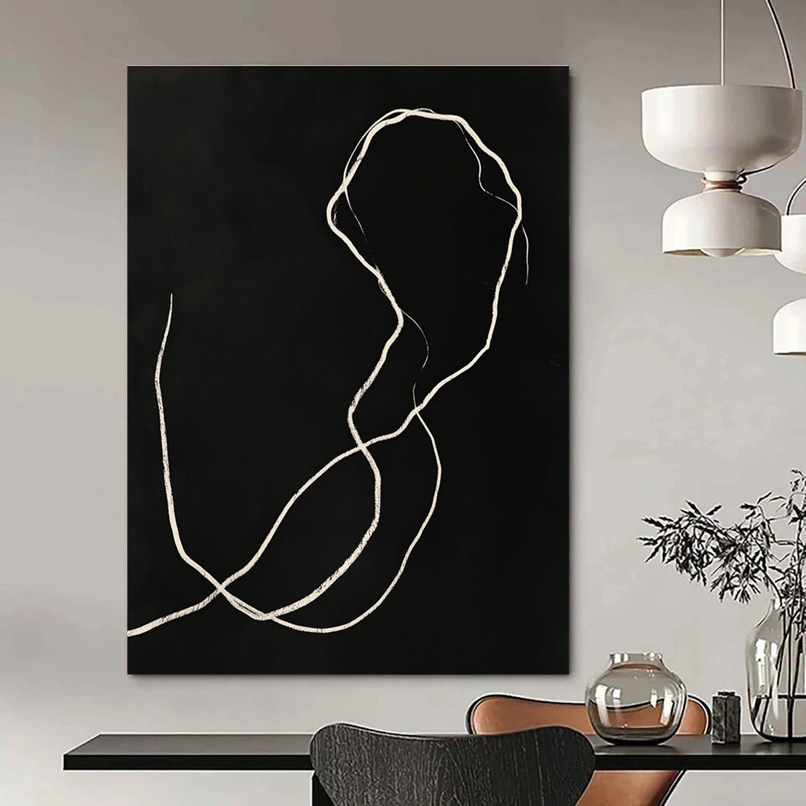 A large abstract drawing featuring white lines on a black background with elegant curves and delicate ink washes inspired by dark art style.STSC1189