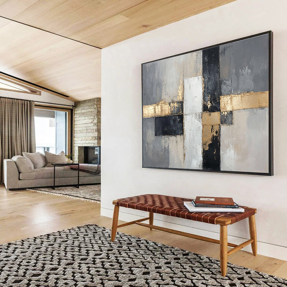 Large abstract painting in neutral tones featuring gray and beige with gold accents and geometric forms creating a sophisticated modern aesthetic.SC247