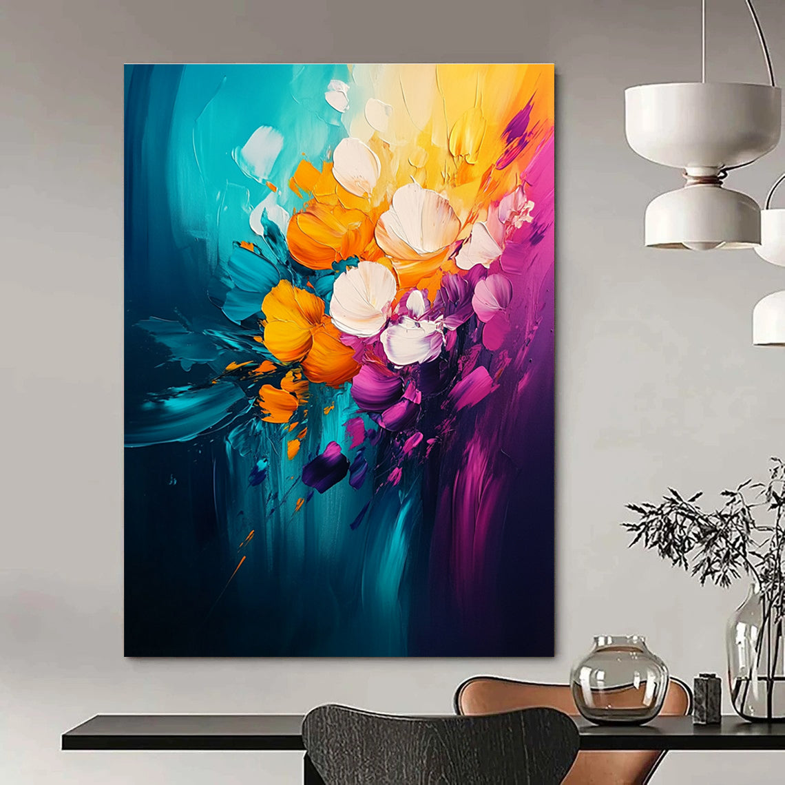 Large abstract painting featuring vibrant yellow teal orange pink purple and white florals on a dark background with dynamic brush strokes.STSC051