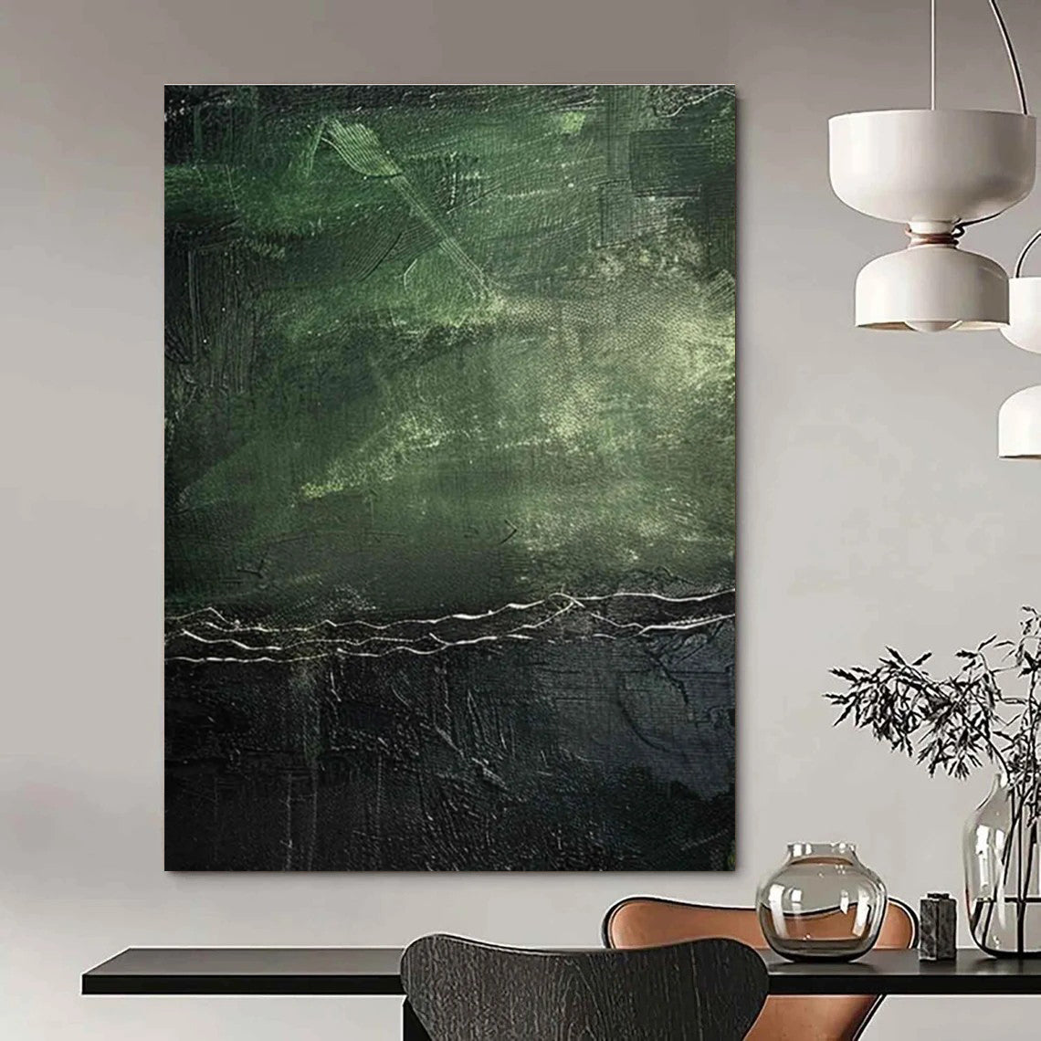 Dark Green Textured Abstract Painting with Subtle Highlights ADGE493