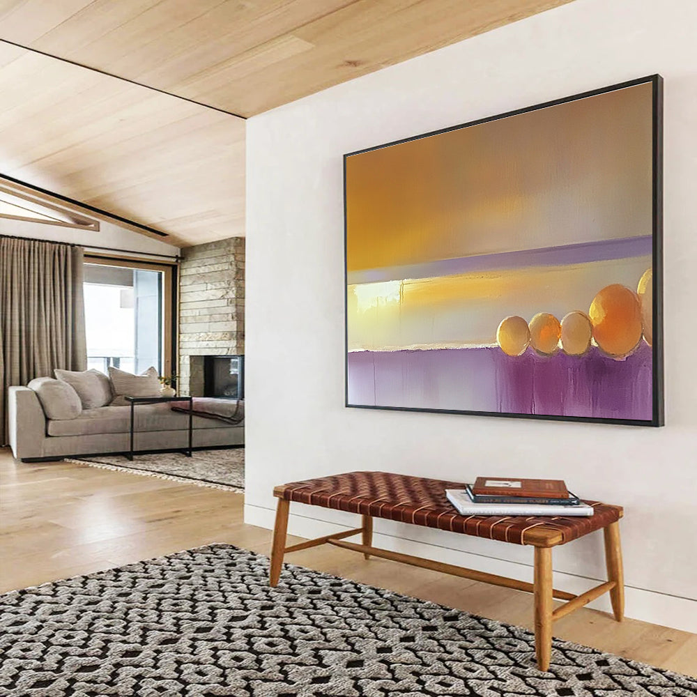 Large abstract painting of the sea featuring a muted horizon with warm yellow and orange light blending into beige and violet tones.SC202