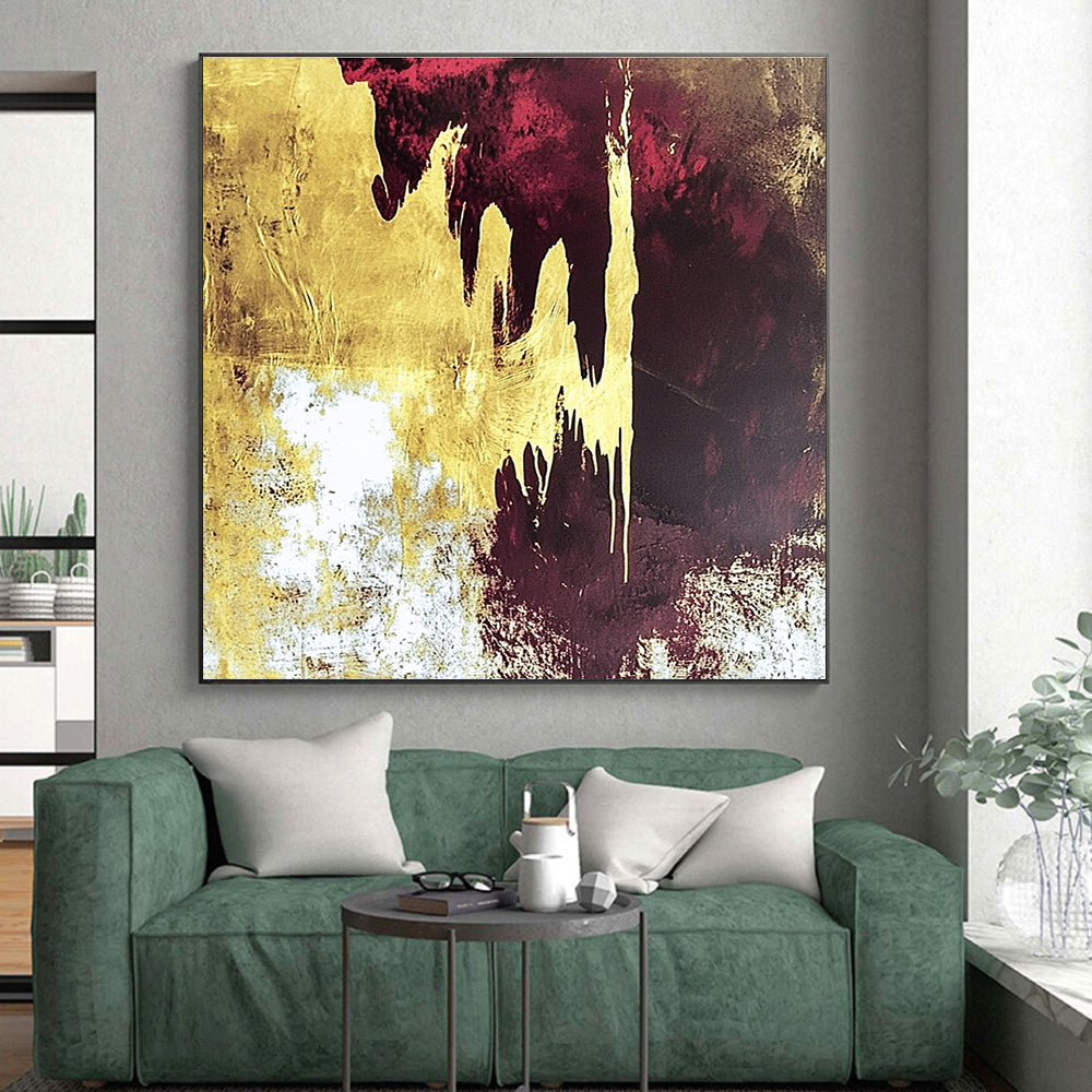 Gold and Burgundy Abstract Painting with Dripping Effects GER602