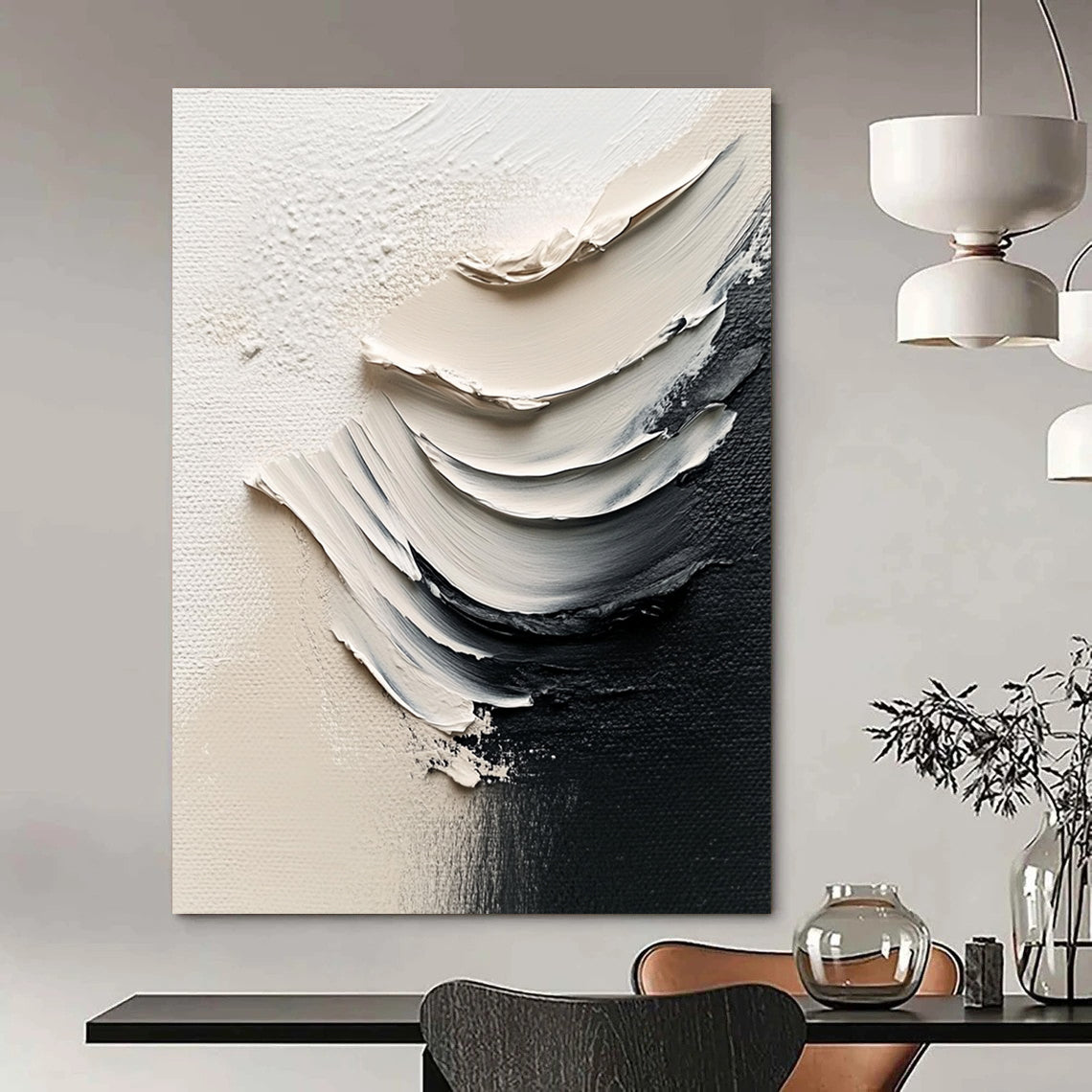 Large abstract painting featuring white paint and black brushstrokes in a minimalist style with delicate details and high-definition photography.STSC1485