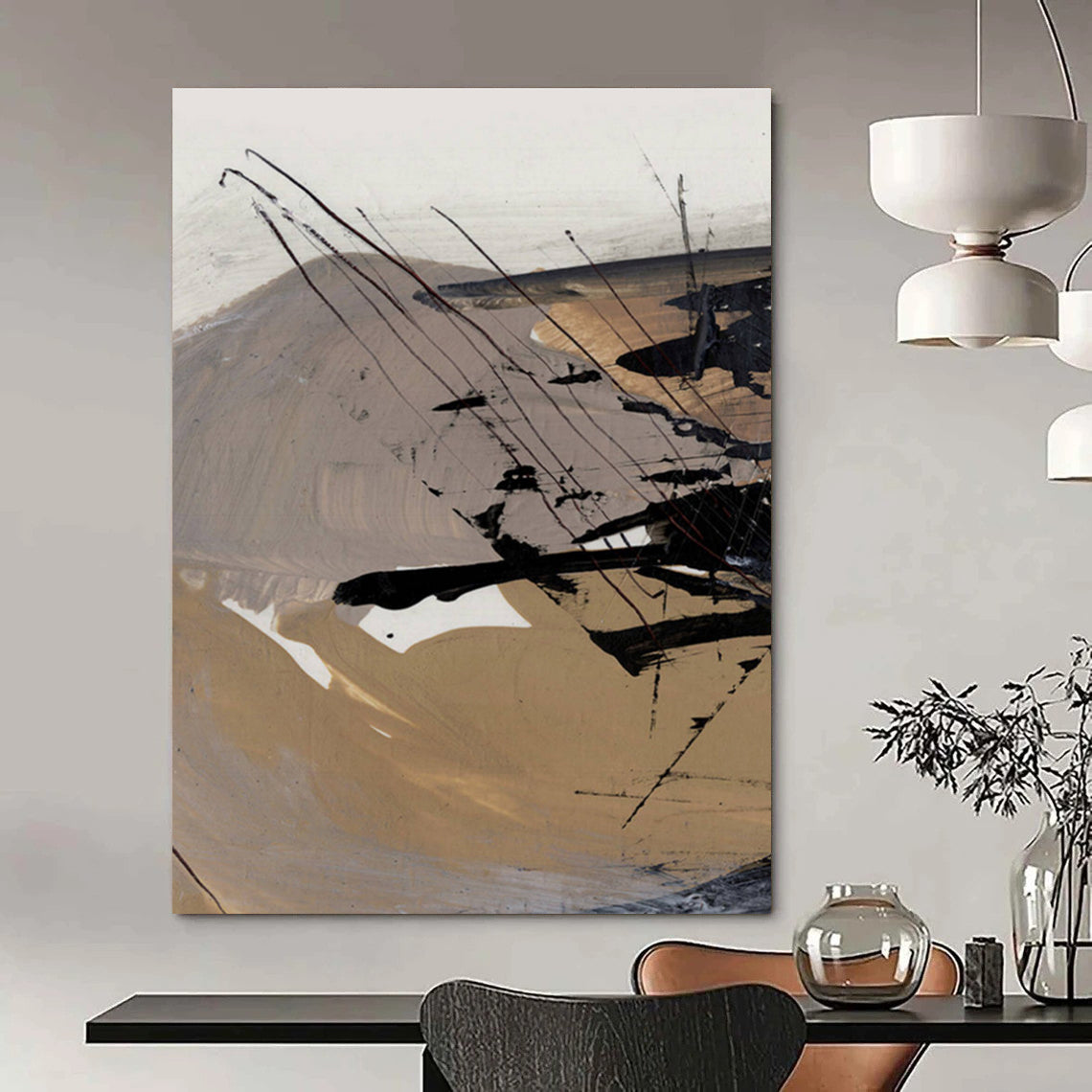 Earth - toned Abstract with Dynamic Black Lines Painting ADGE201