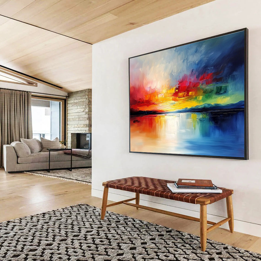 Large abstract painting featuring vibrant clouds and reflective water in rich colors creating a stunning visual impact through heavy texture and bold brushstrokes.SC076