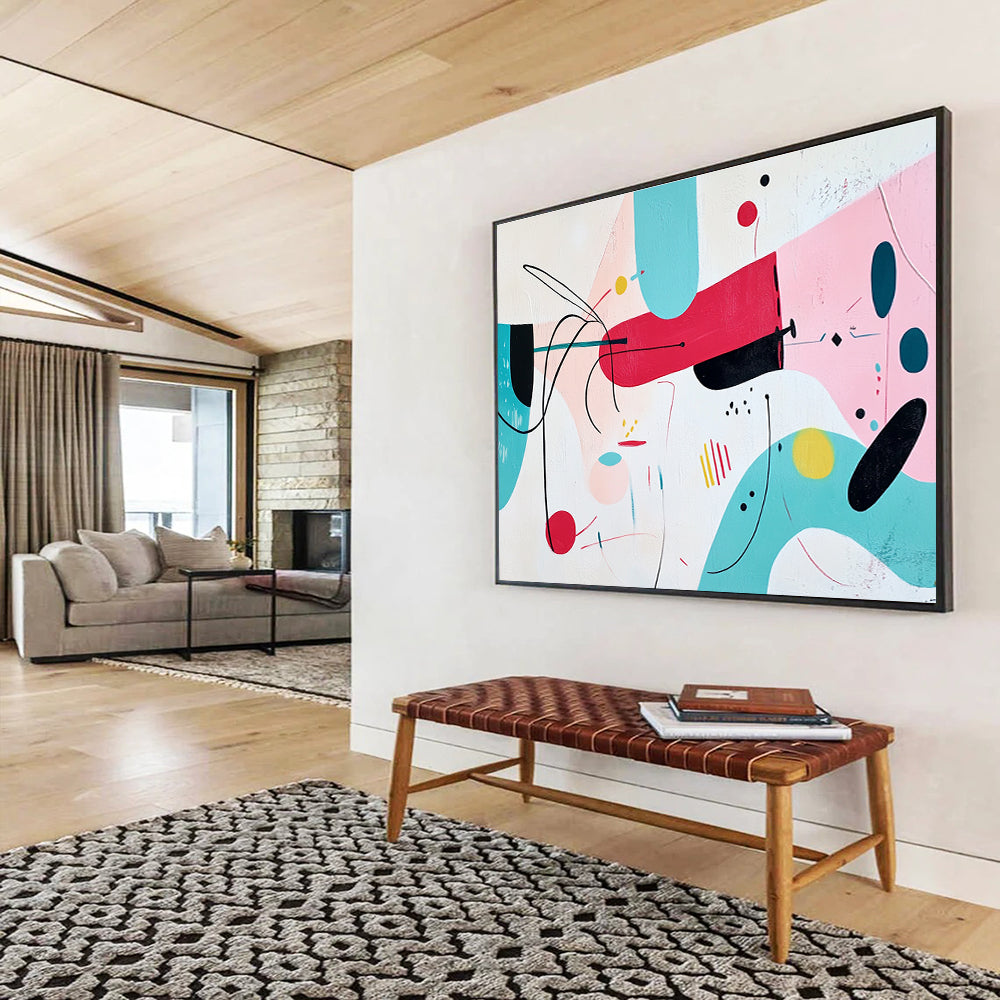 Large abstract painting featuring whimsical pink shapes with black outlines and colorful accents on a white background.SC187