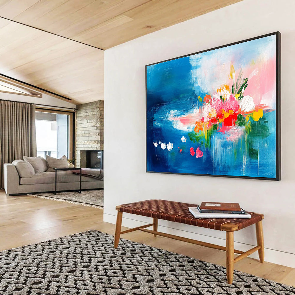 Abstract painting featuring vibrant pink and turquoise flowers on a blue background with green leaves and bright clouds, creating a joyful and dynamic atmosphere.SC235