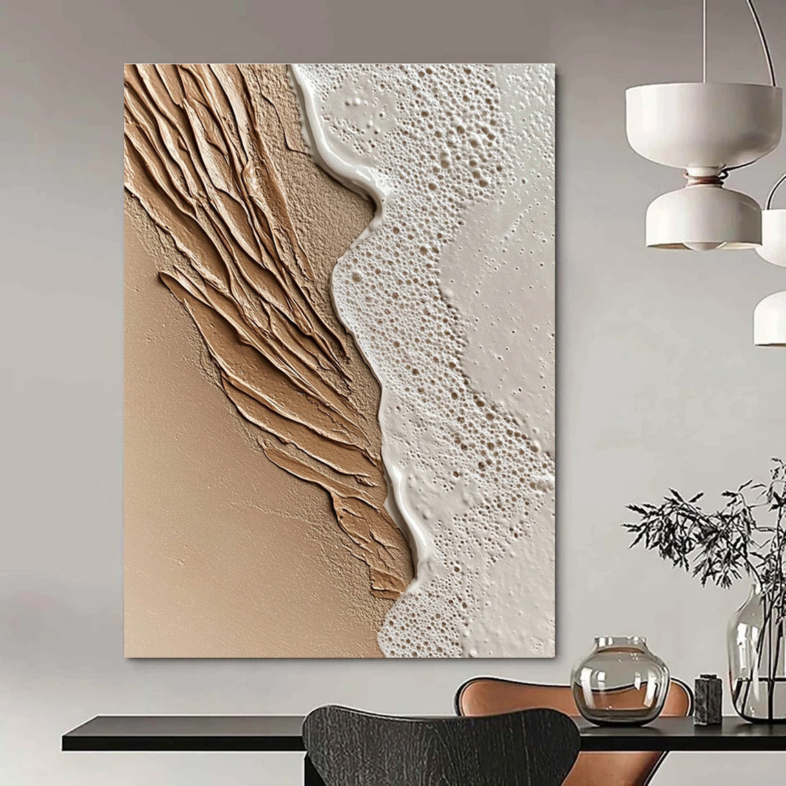 An abstract painting capturing close-up sand and serene waves at sunset featuring intricate details and a soothing beige color scheme.STSC943