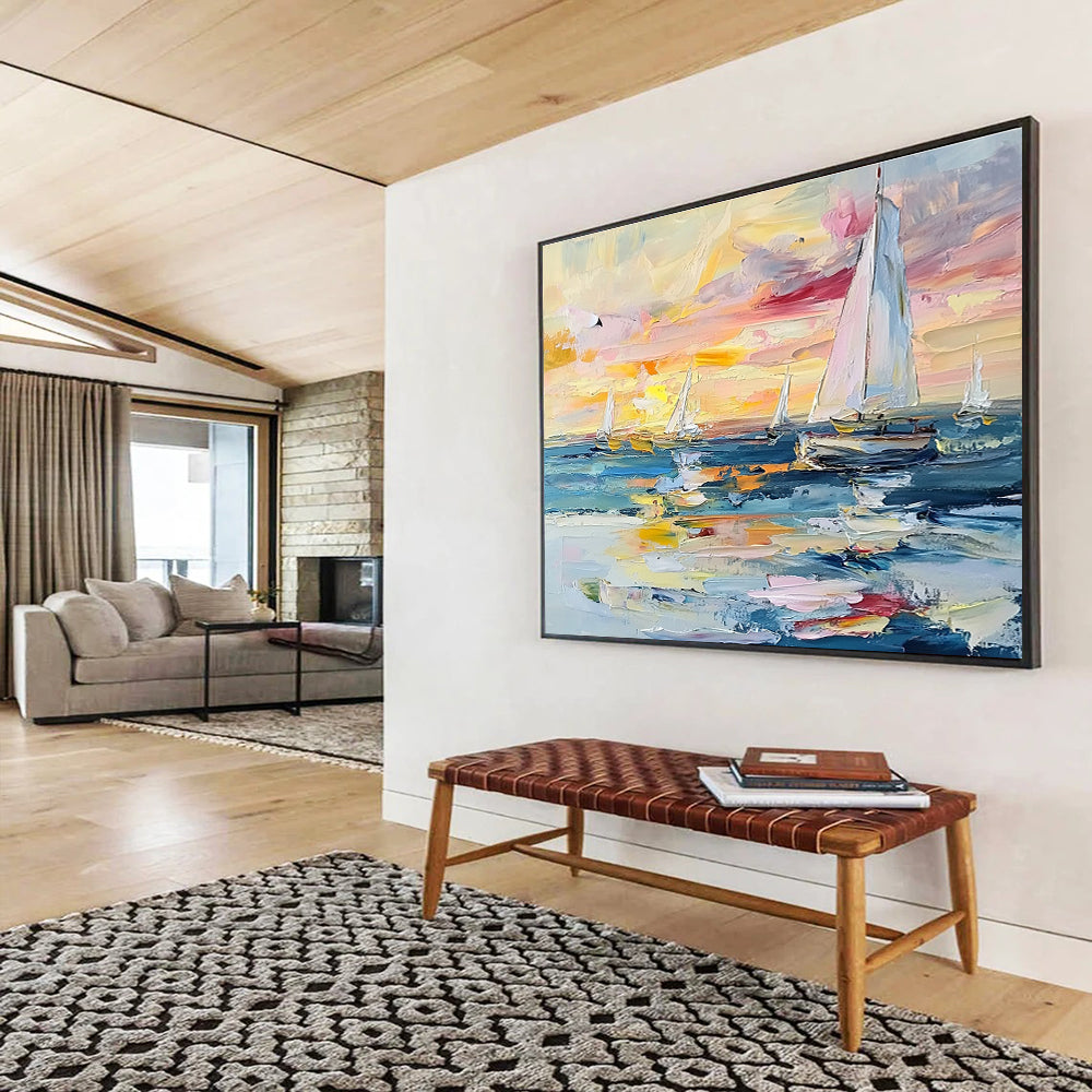 Sailboats at Sunset Colorful Abstract Painting with Vivid Sky Hues DYP603