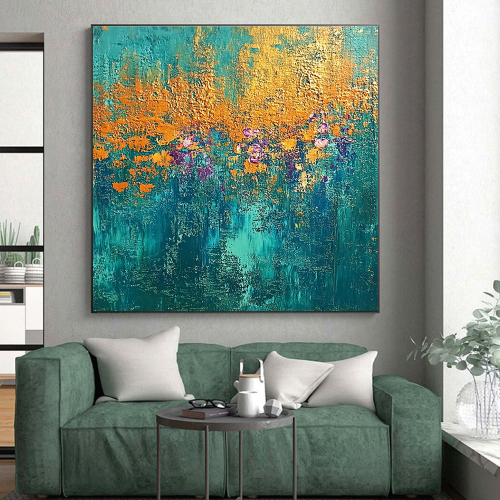 Teal, Gold, and Purple Abstract with Floral Hints GER288