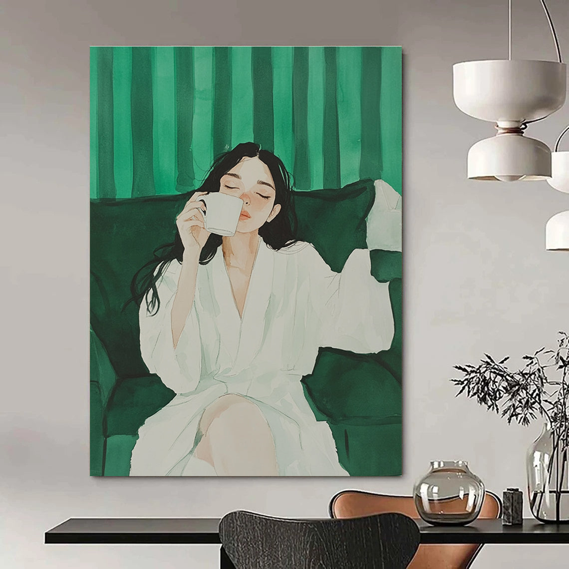 A large abstract painting featuring a girl in a white robe enjoying coffee on a sofa against a green striped background with minimalist design.STSC1002