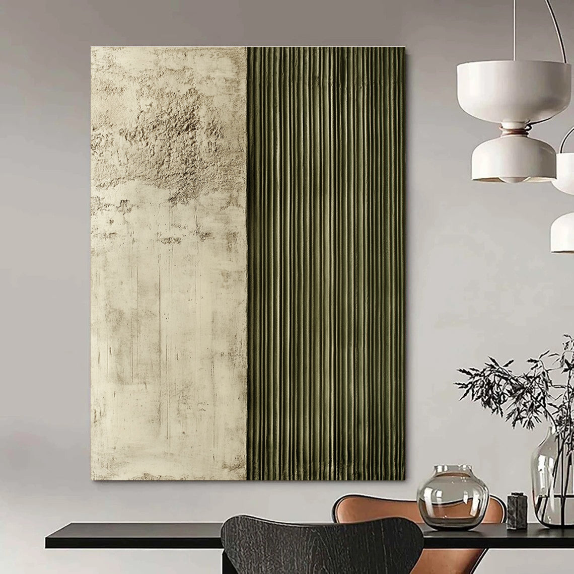 Large abstract painting featuring textured panels with soft concrete and greenish-grey rebar lines creating a striking contrast and depth.STSC542
