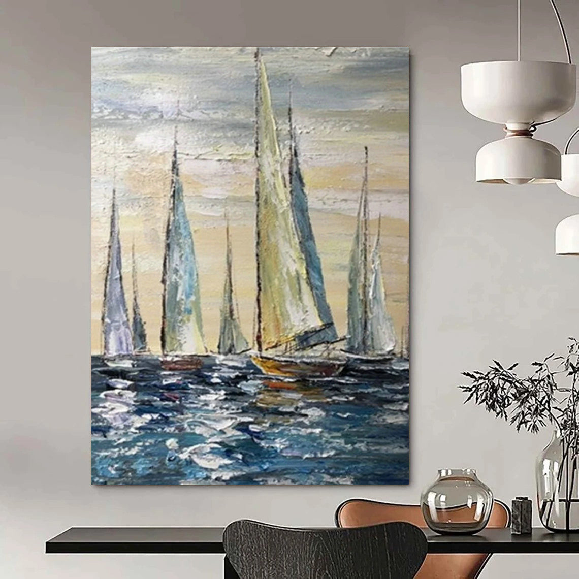 Hand - Painted Abstract Canvases for Cottage Dining Room Hutch Glass Panels & Hallway Coat Closet Doors DLZ0852