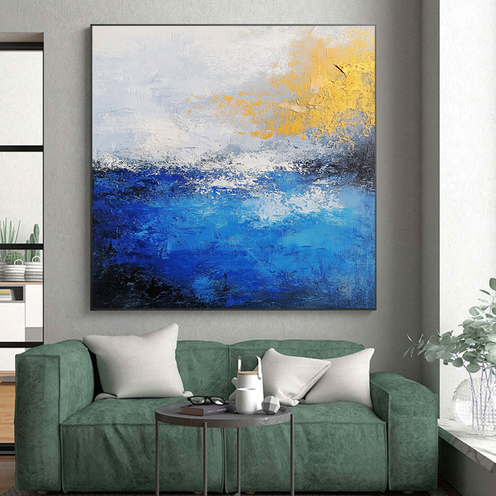 Gold - Accented Blue and White Abstract Painting GER310