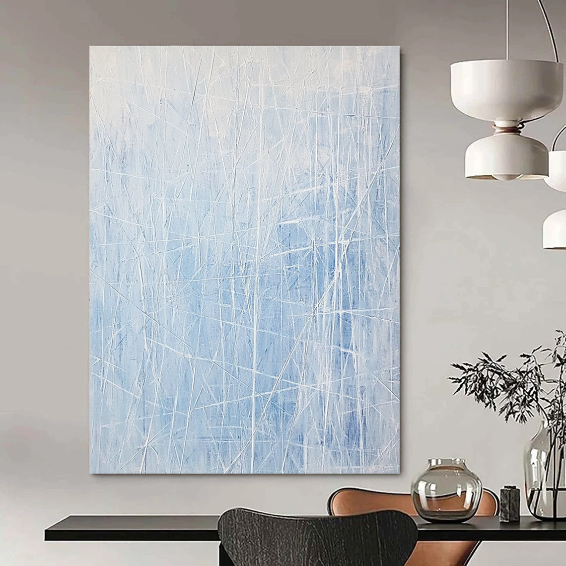 Large abstract painting featuring light blue and white lines resembling an icy landscape with vertical lines and scattered ice formations.STSC317