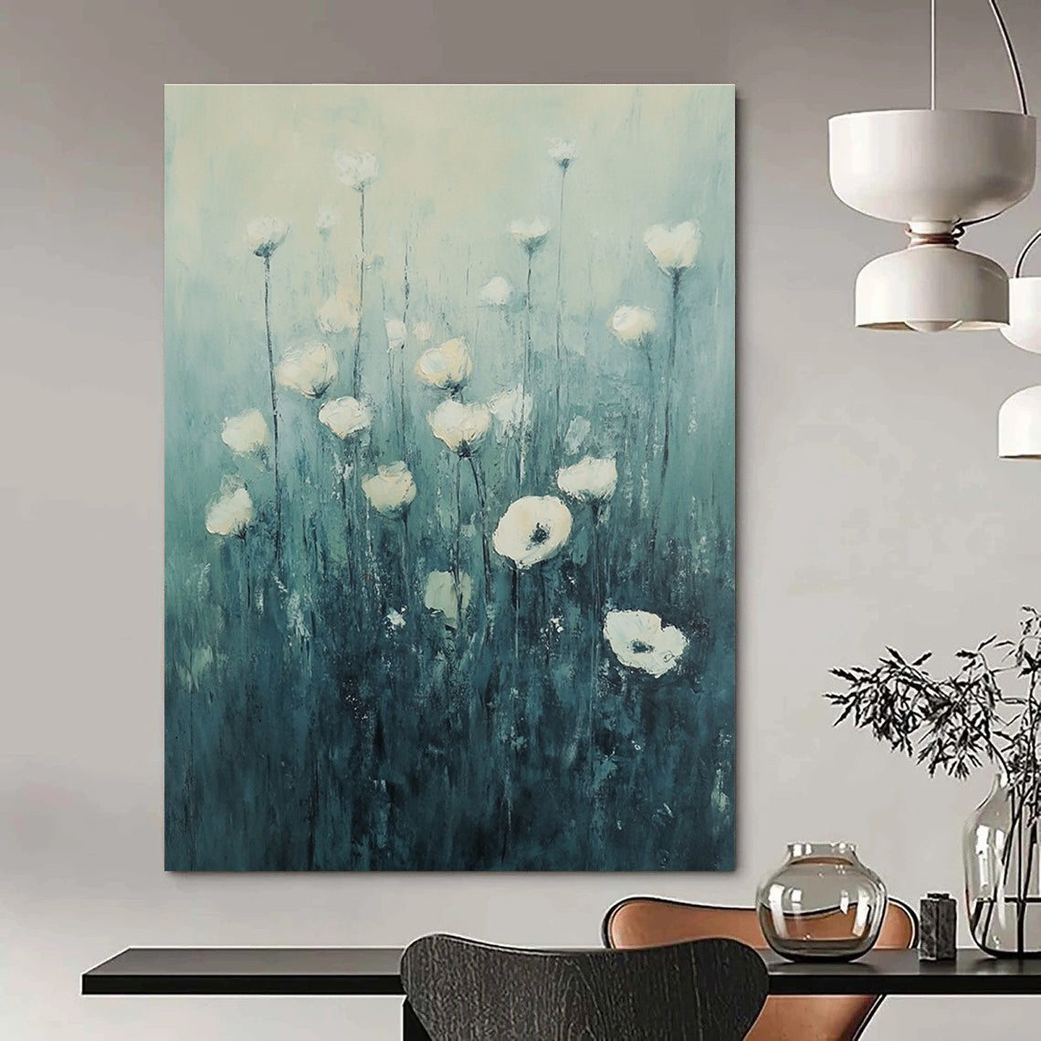 Large abstract painting of white flowers in grass with dreamy hues and impressionist brushstrokes set against a tranquil blue-green gradient contexts.STSC1150