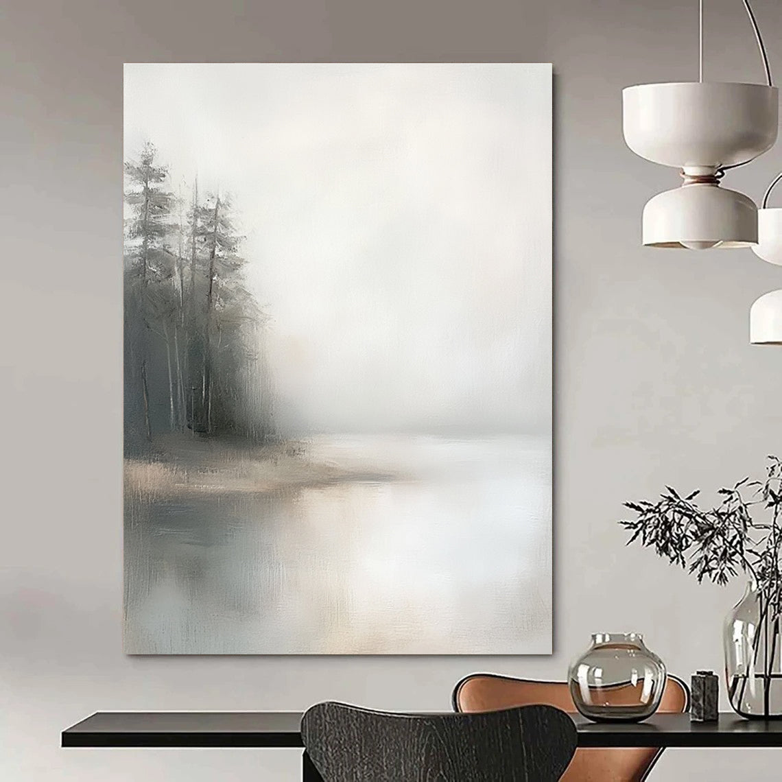 Large abstract painting featuring a minimalist composition with a foggy sky muted colors and distant pine trees on oil linen canvas.STSC089