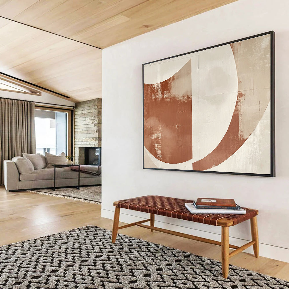 Large abstract painting with overlapping terracotta and cream half-circles on textured paper, modern simplicity with space for text.SC441