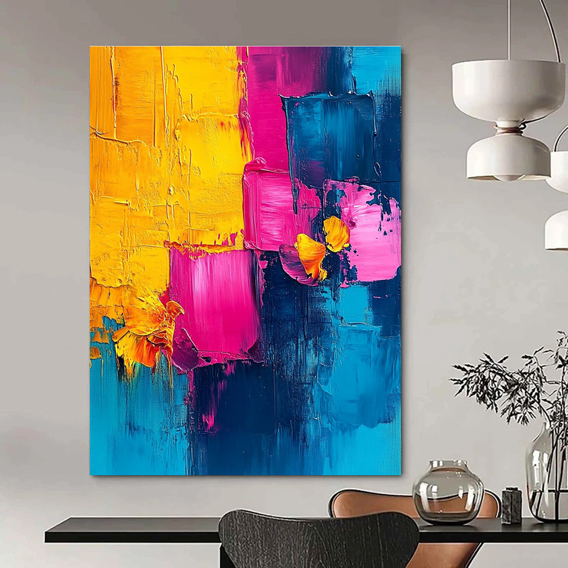 Vibrant abstract painting with pink blue yellow and teal using palette knife technique perfect for enhancing any space.STSC495