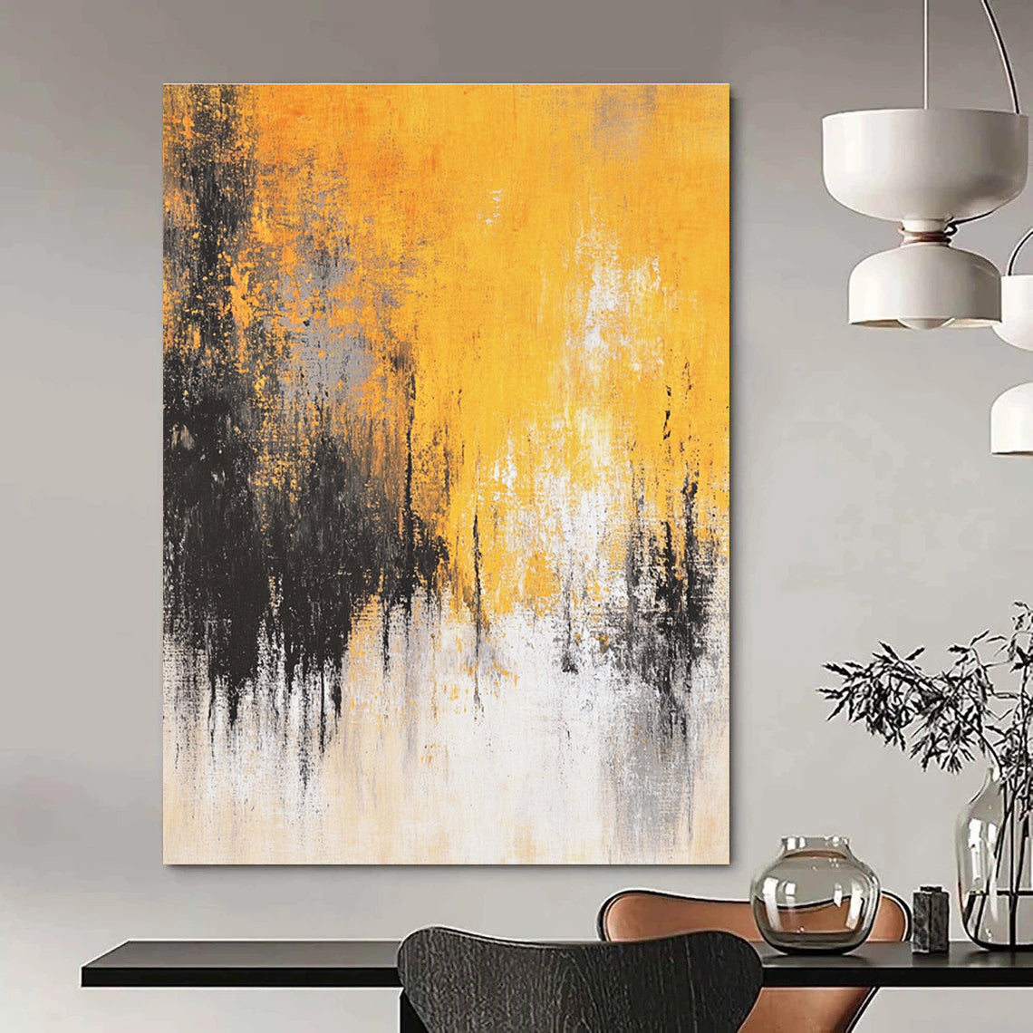 Large abstract painting featuring faded textures and dreamy shades of mustard yellow grey white and black depicting distant trees and a flowing river.STSC728