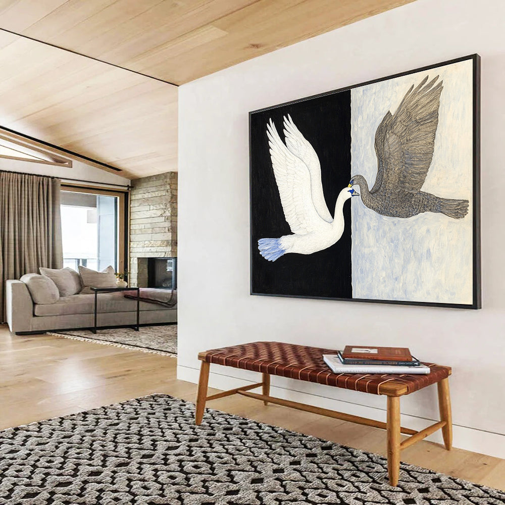 Black and White Abstract Painting of Two Birds in Flight DYP149