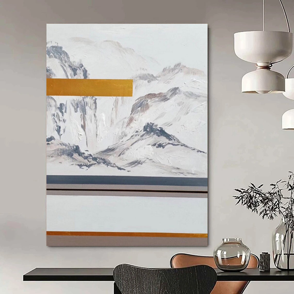 White Grey Gold Mountain Abstract Painting ADGE045