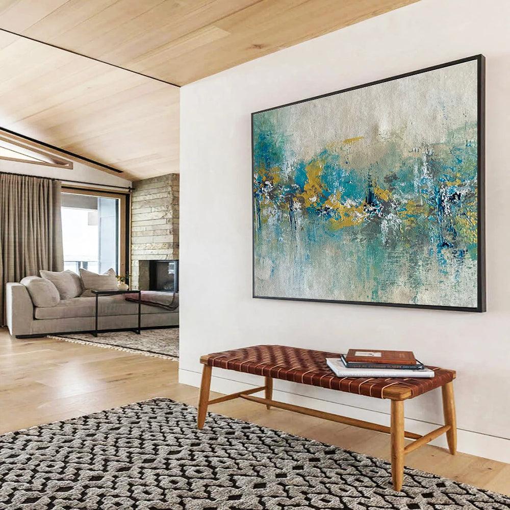 Teal Gold Abstract Painting with Nature - Inspired Shapes THY342