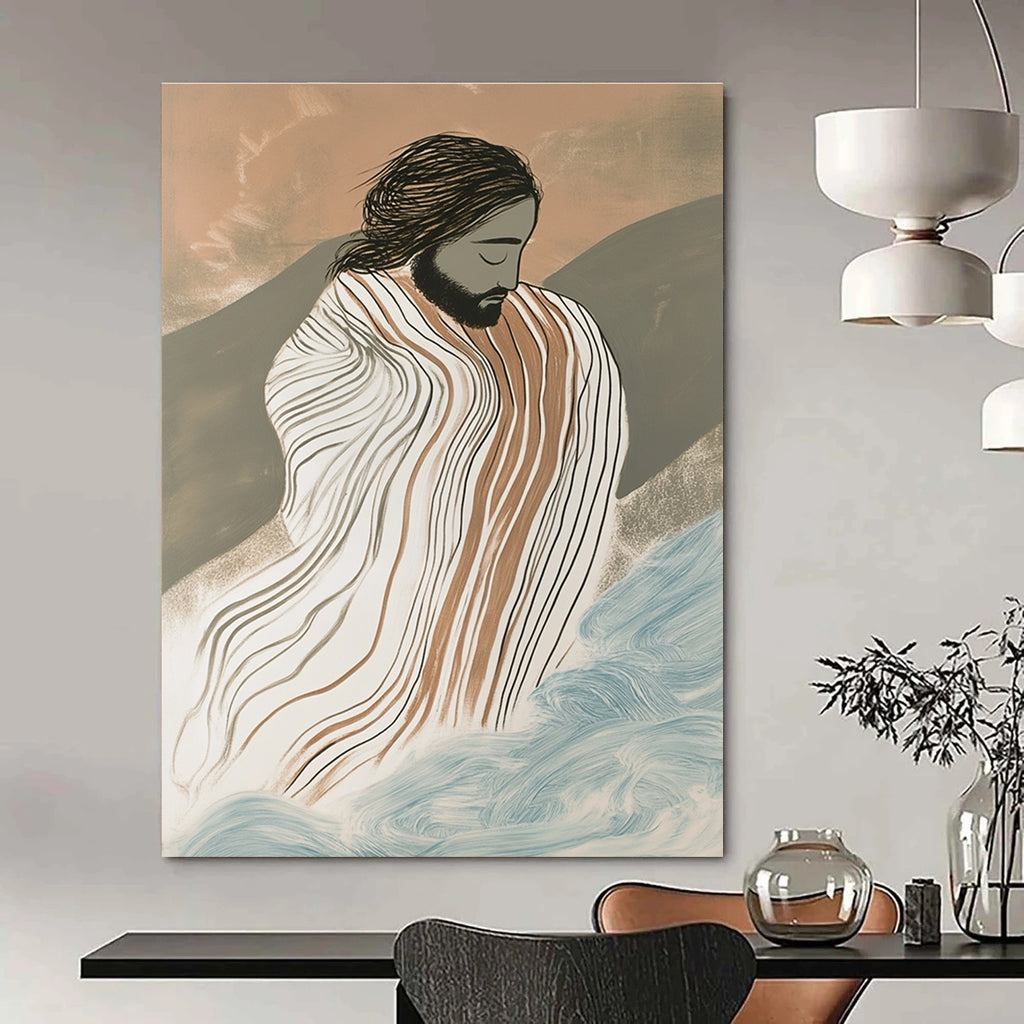 Large abstract painting featuring Jesus in striped robes surrounded by waves with an ink drawing effect and a misty atmosphere in a vibrant color palette.STSC1131