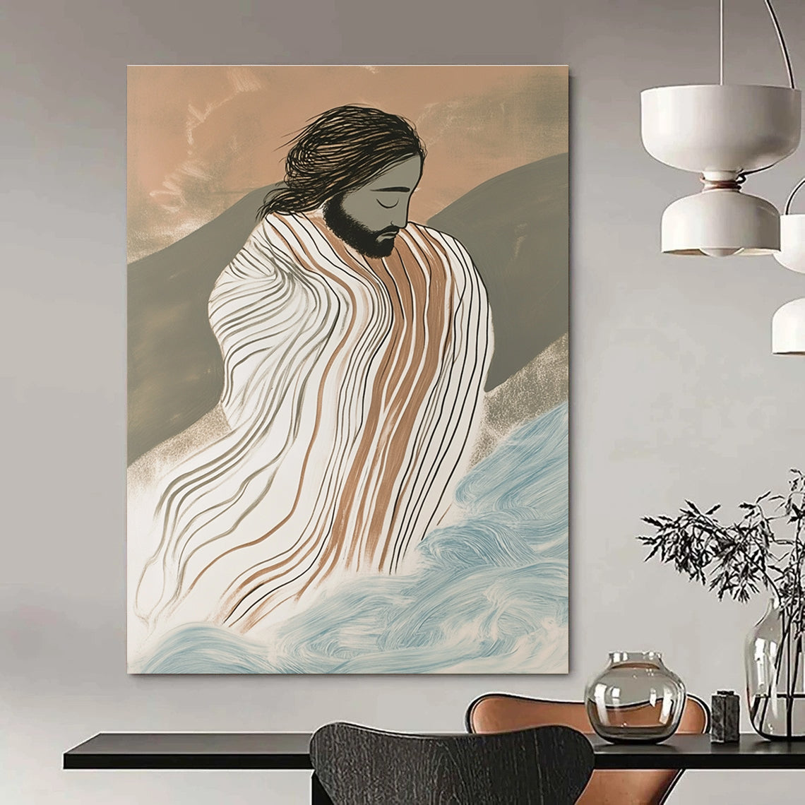 Large abstract painting featuring Jesus in striped robes surrounded by waves with an ink drawing effect and a misty atmosphere in a vibrant color palette.STSC1131