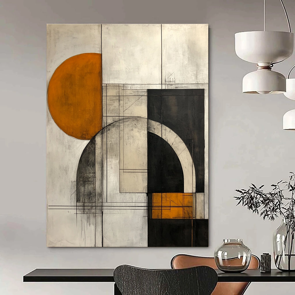 Large abstract painting featuring geometric shapes in gray mustard yellow and copper with architectural elements on a white background.STSC754