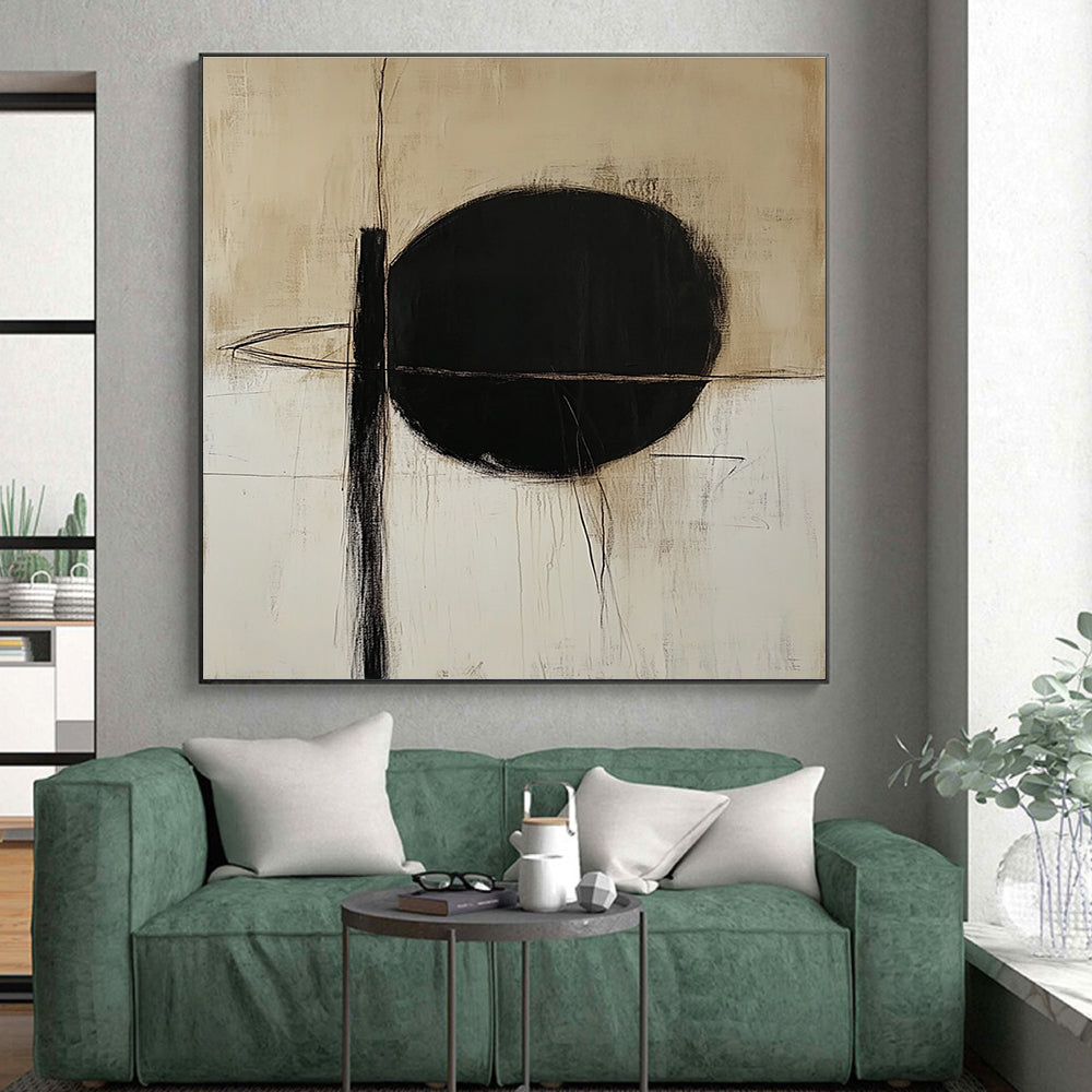 Black Circle and Lines Abstract Painting on Beige Background GER010