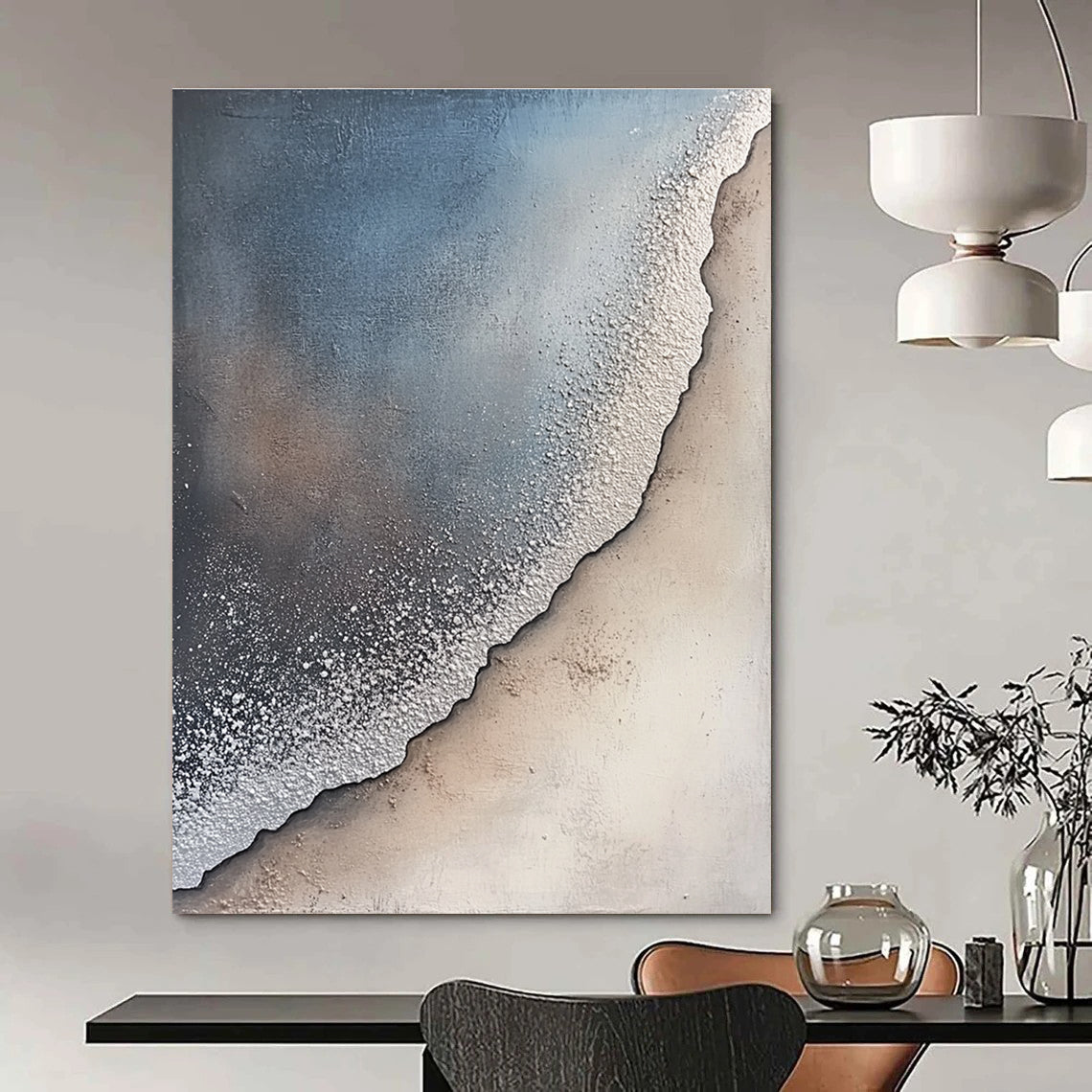 Large abstract painting of a sandy shore with gray and white textures silver dust fog creating a serene atmosphere with nature blending harmoniously.STSC256