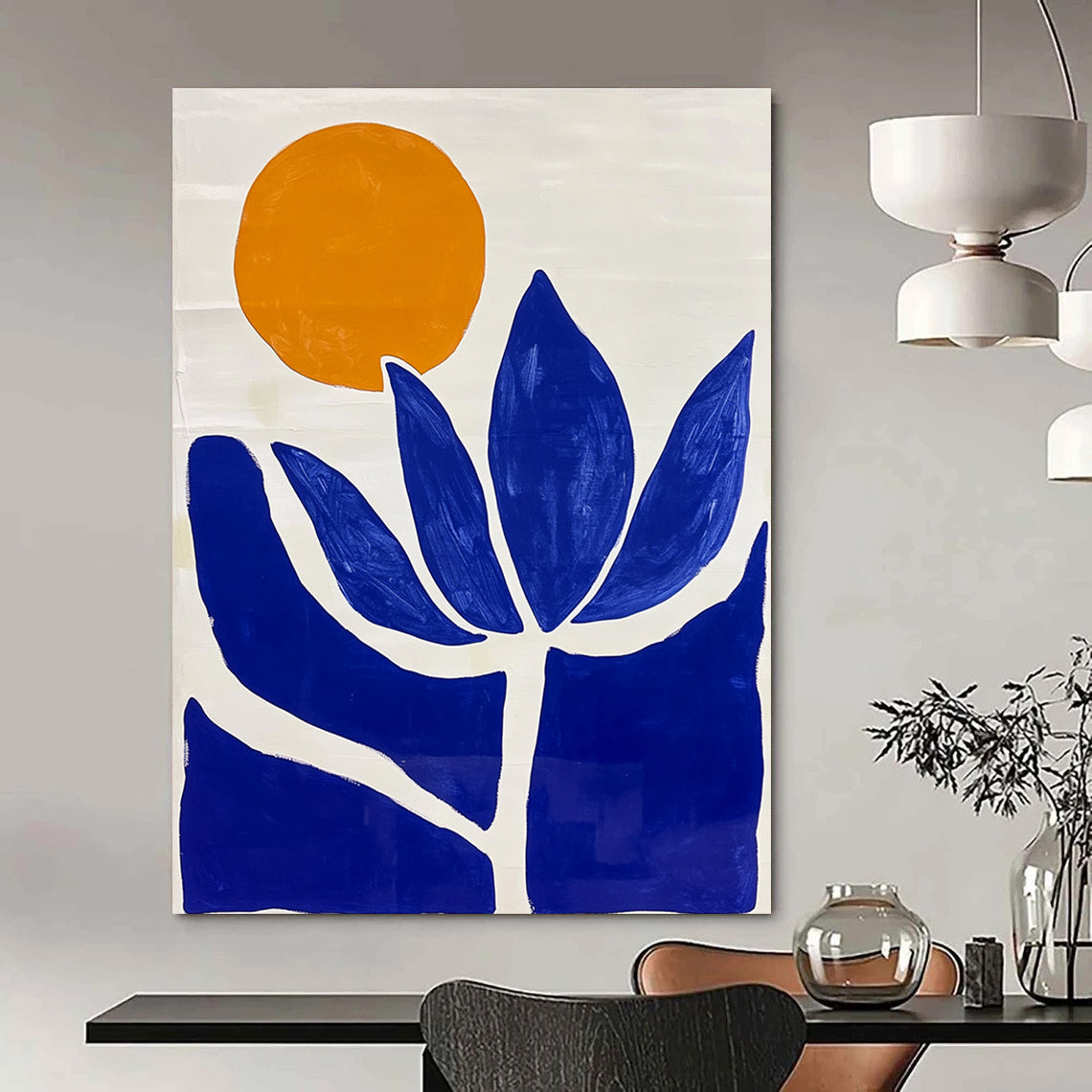 Large abstract painting featuring minimalist blue and white Matisse-inspired shapes and a vibrant orange sun with a blue lotus flower.STSC1332