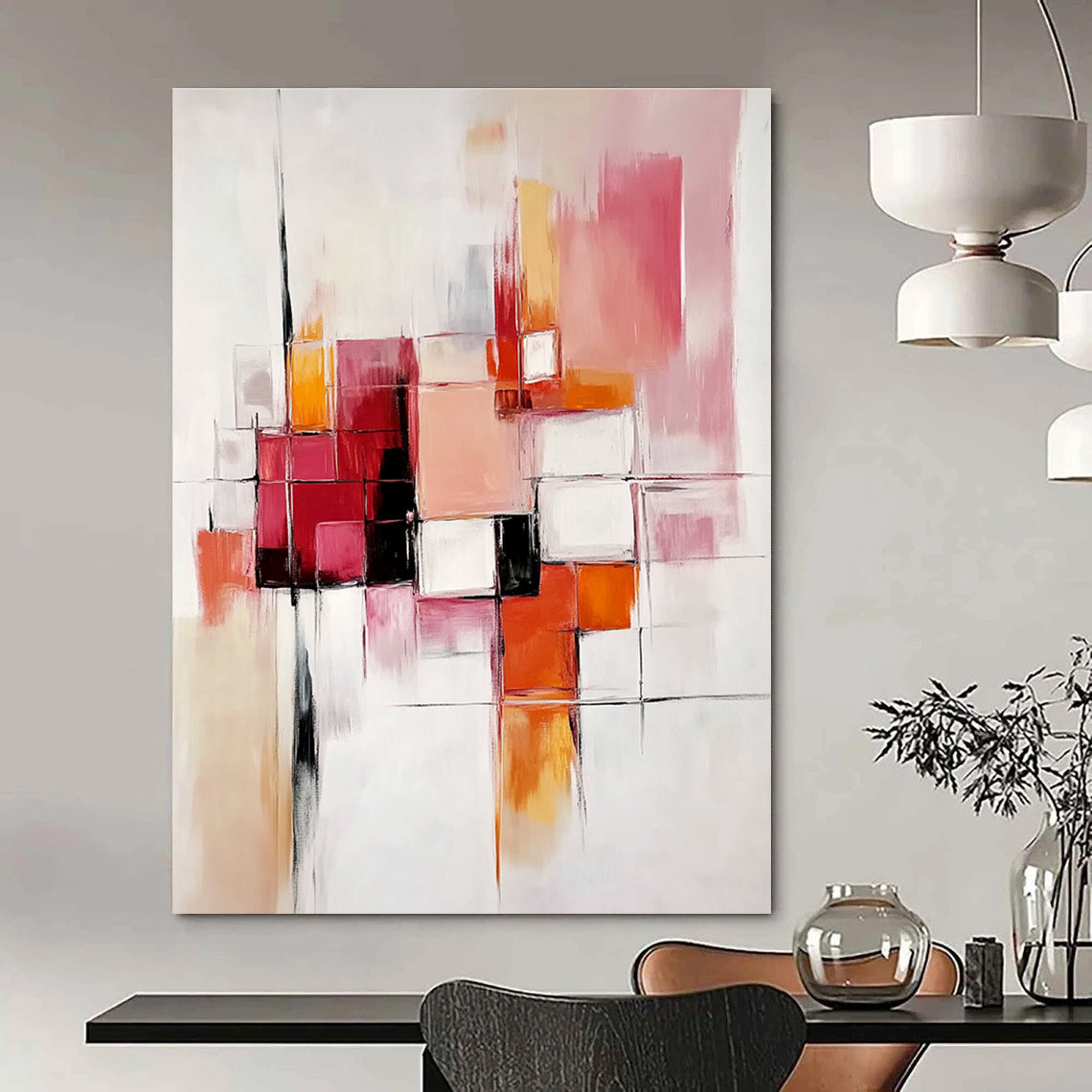 Abstract oil painting with bold brush strokes and geometric shapes in light pink, orange, red, white, grey, and beige on a white background.STSC582