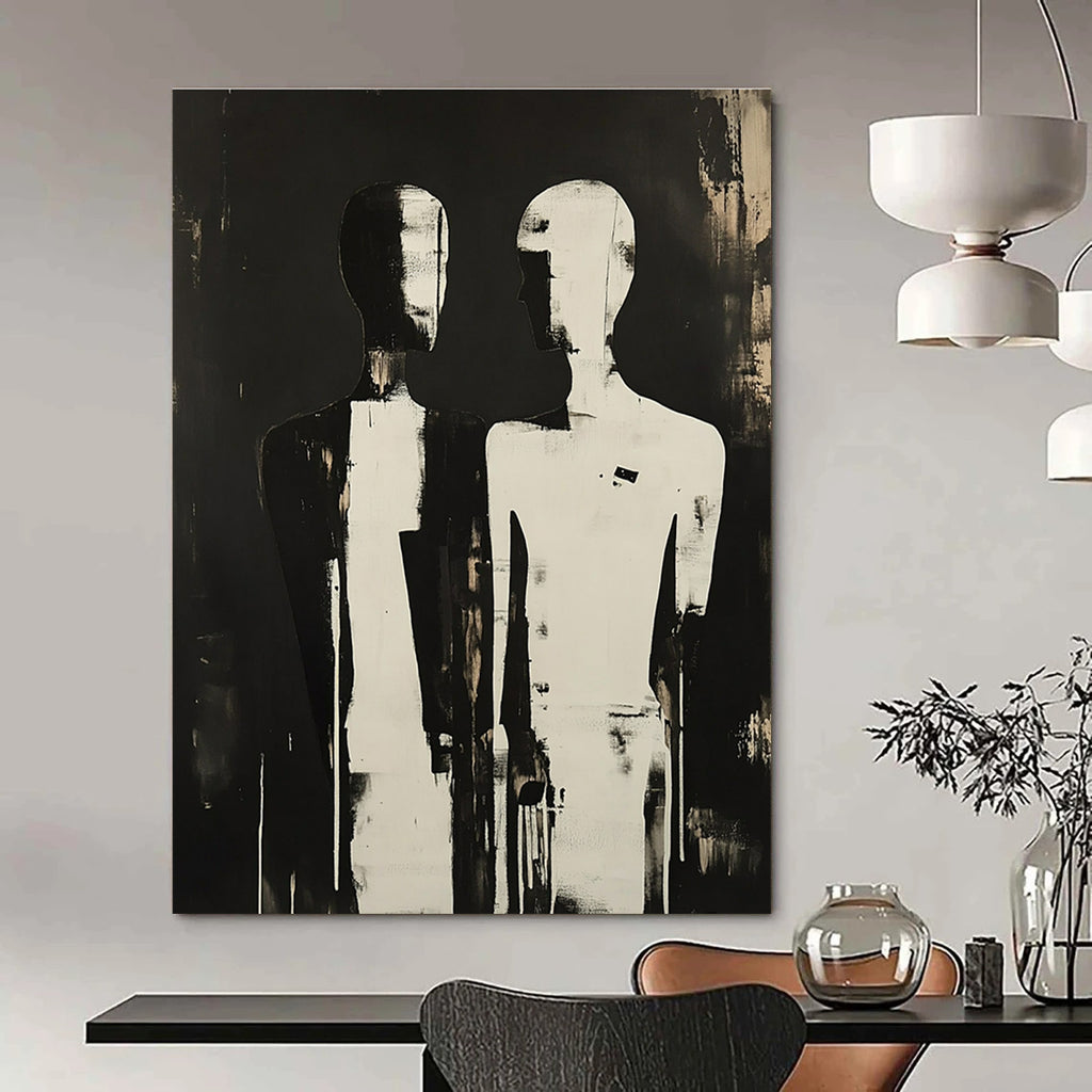 A large abstract painting featuring two silhouetted figures with elongated and featureless heads, evoking mystery and emotional connection against a dark backdrop.STSC908