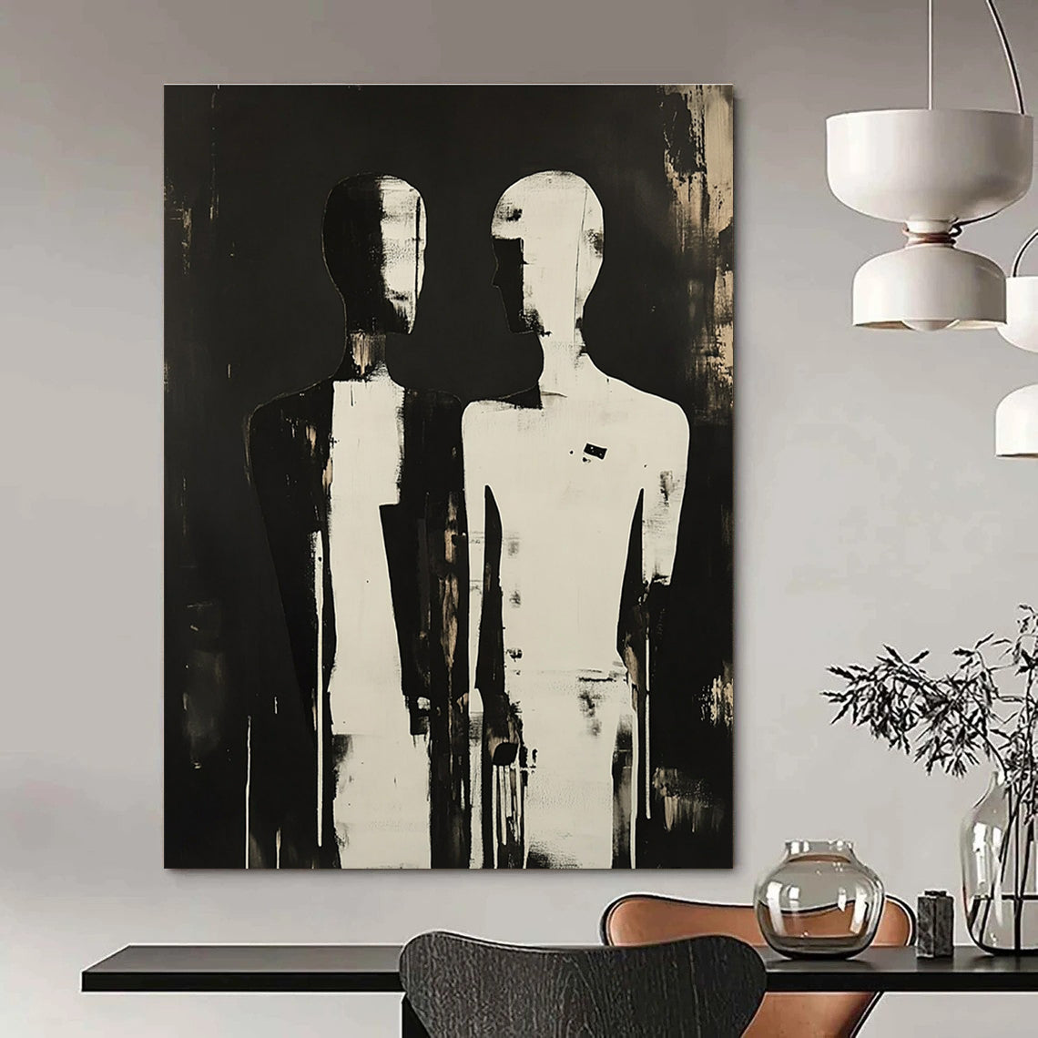A large abstract painting featuring two silhouetted figures with elongated and featureless heads, evoking mystery and emotional connection against a dark backdrop.STSC908