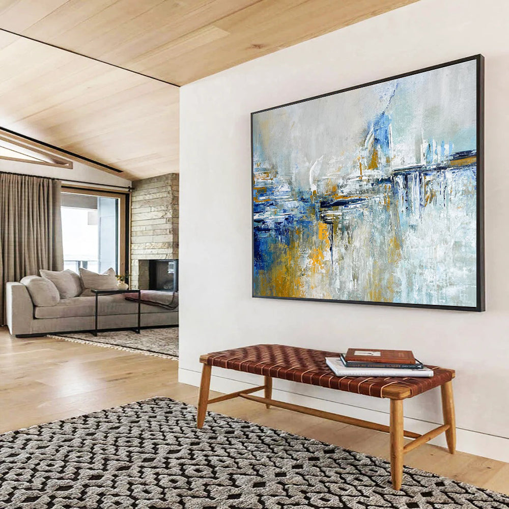 Cityscape Abstract Painting with Blue, Gray, and Gold THY347