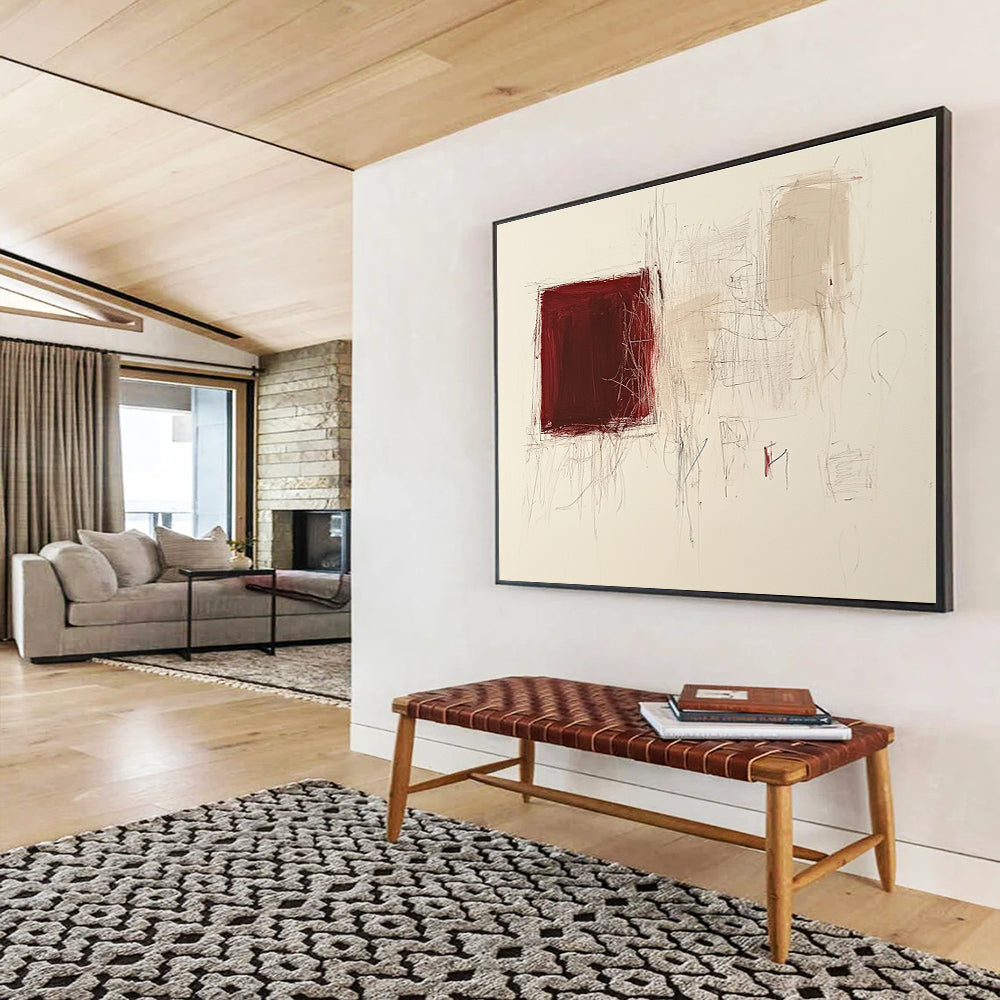 Large abstract painting featuring a dark red square and light beige scribbles on white paper with small doodle shapes.SC552